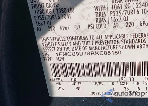 2011 Ford Escape Xlt z USA, uszkodzony, nr VIN 1FMCU9D78BKC08160